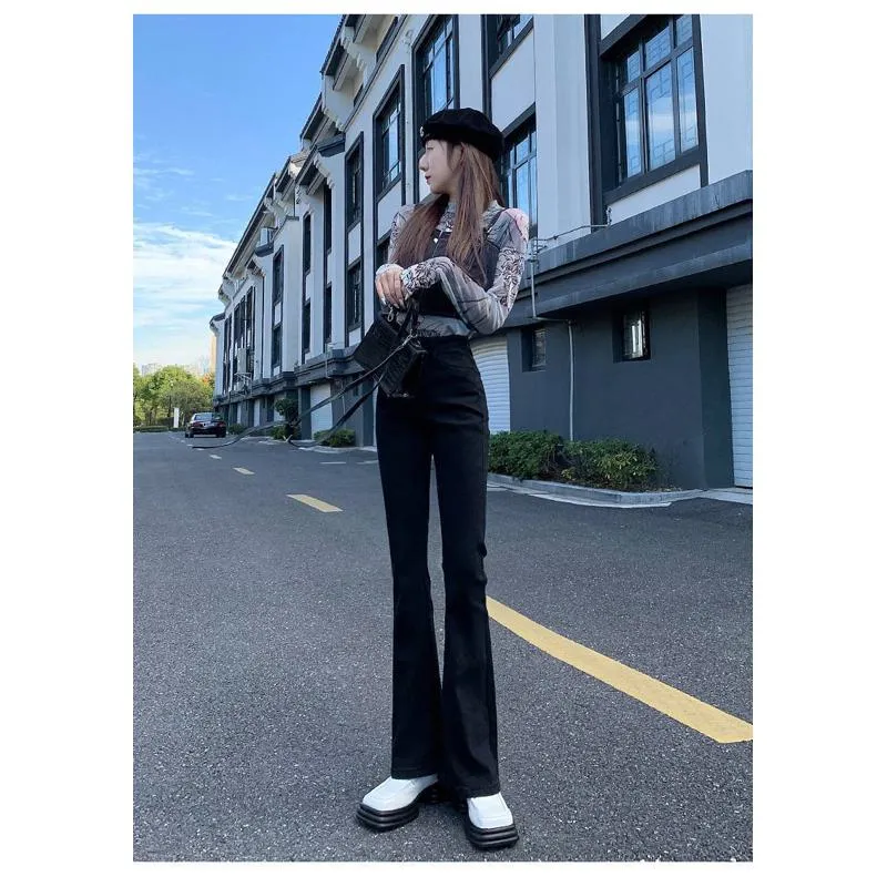High-Waisted Draping Floor-Length Elasticity Straight Slim-Fit Jeans