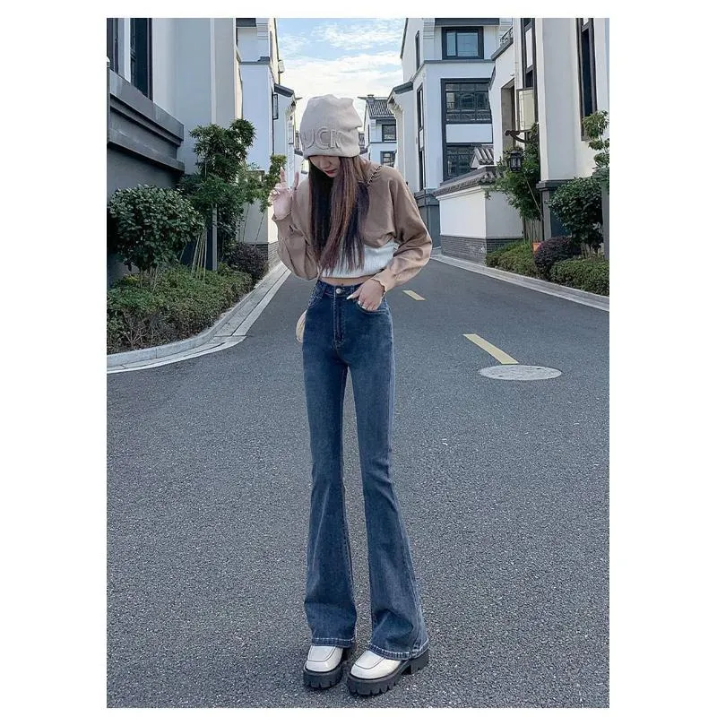 High-Waisted Draping Floor-Length Elasticity Straight Slim-Fit Jeans