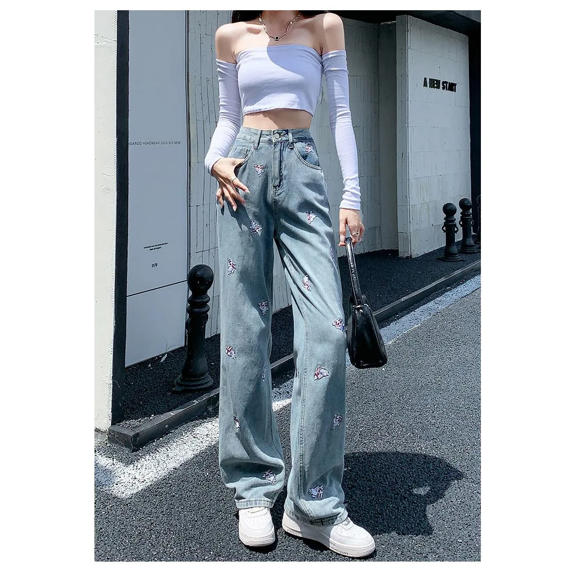 High-Waisted Floor-Length Loose Fit Embroidery Draping Slimming Straight Leg Jeans