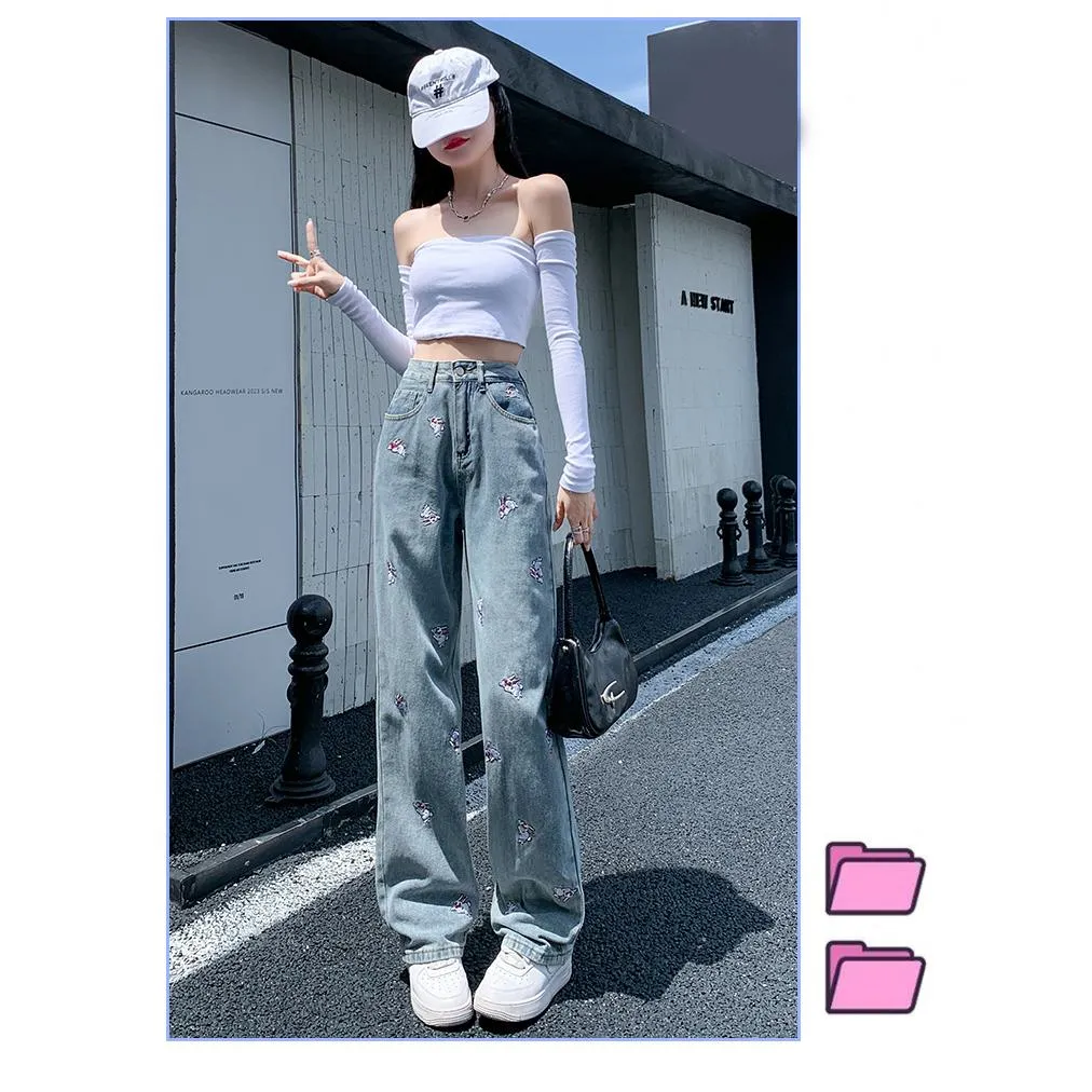 High-Waisted Floor-Length Loose Fit Embroidery Draping Slimming Straight Leg Jeans