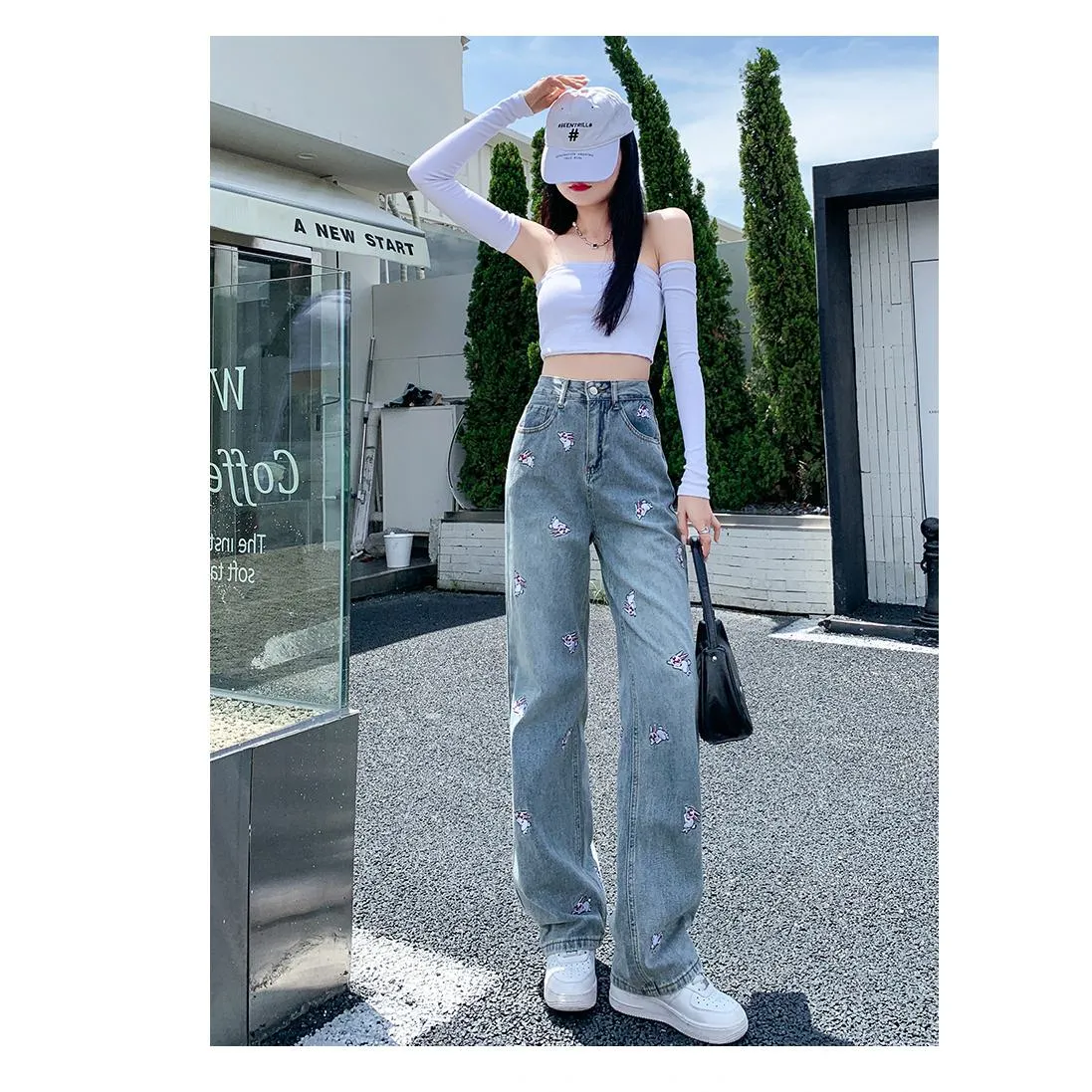 High-Waisted Floor-Length Loose Fit Embroidery Draping Slimming Straight Leg Jeans
