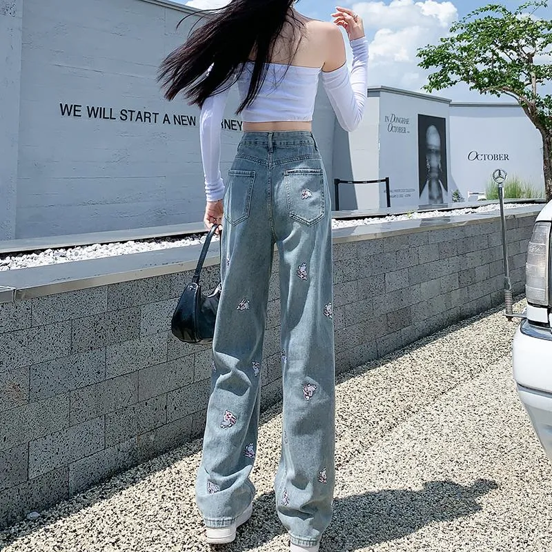 High-Waisted Floor-Length Loose Fit Embroidery Draping Slimming Straight Leg Jeans
