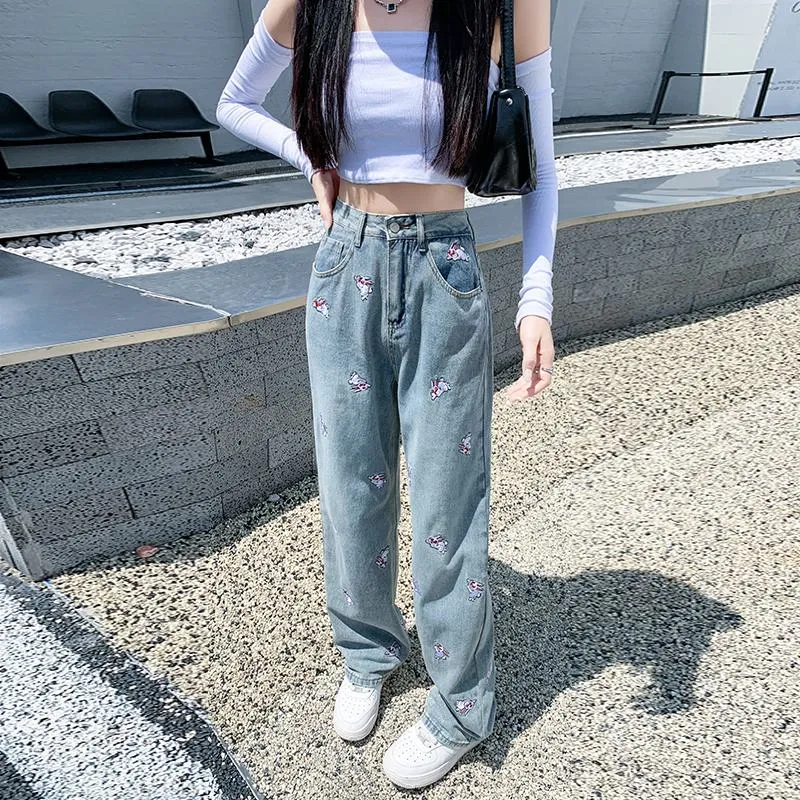 High-Waisted Floor-Length Loose Fit Embroidery Draping Slimming Straight Leg Jeans