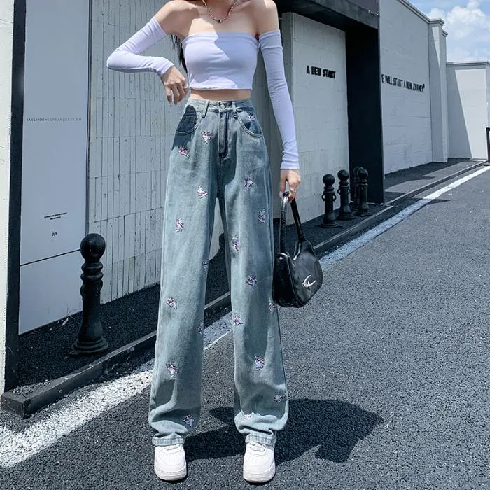High-Waisted Floor-Length Loose Fit Embroidery Draping Slimming Straight Leg Jeans
