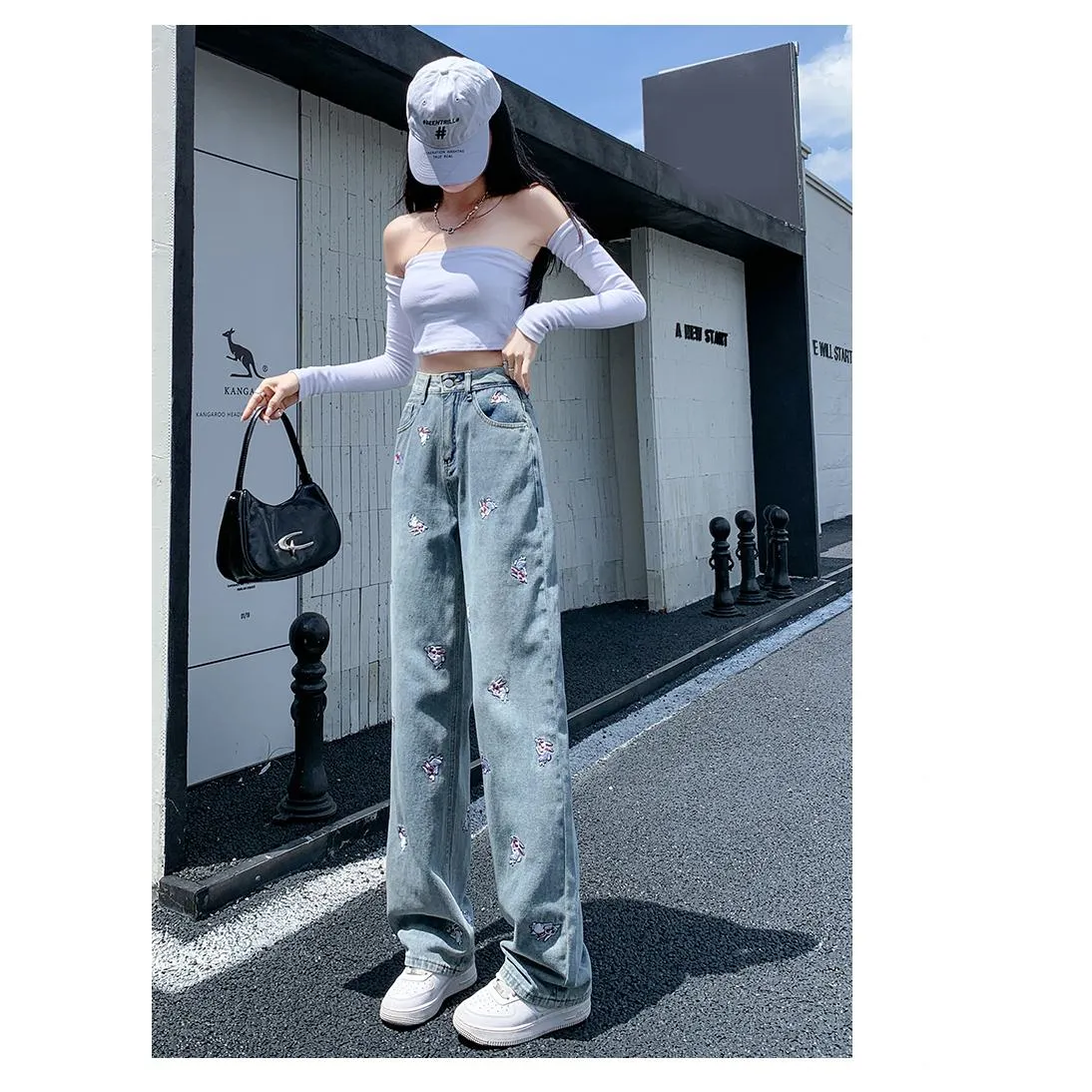 High-Waisted Floor-Length Loose Fit Embroidery Draping Slimming Straight Leg Jeans