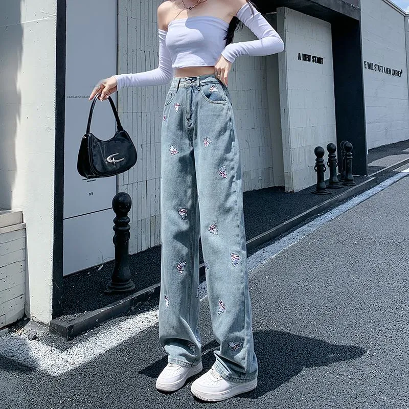 High-Waisted Floor-Length Loose Fit Embroidery Draping Slimming Straight Leg Jeans