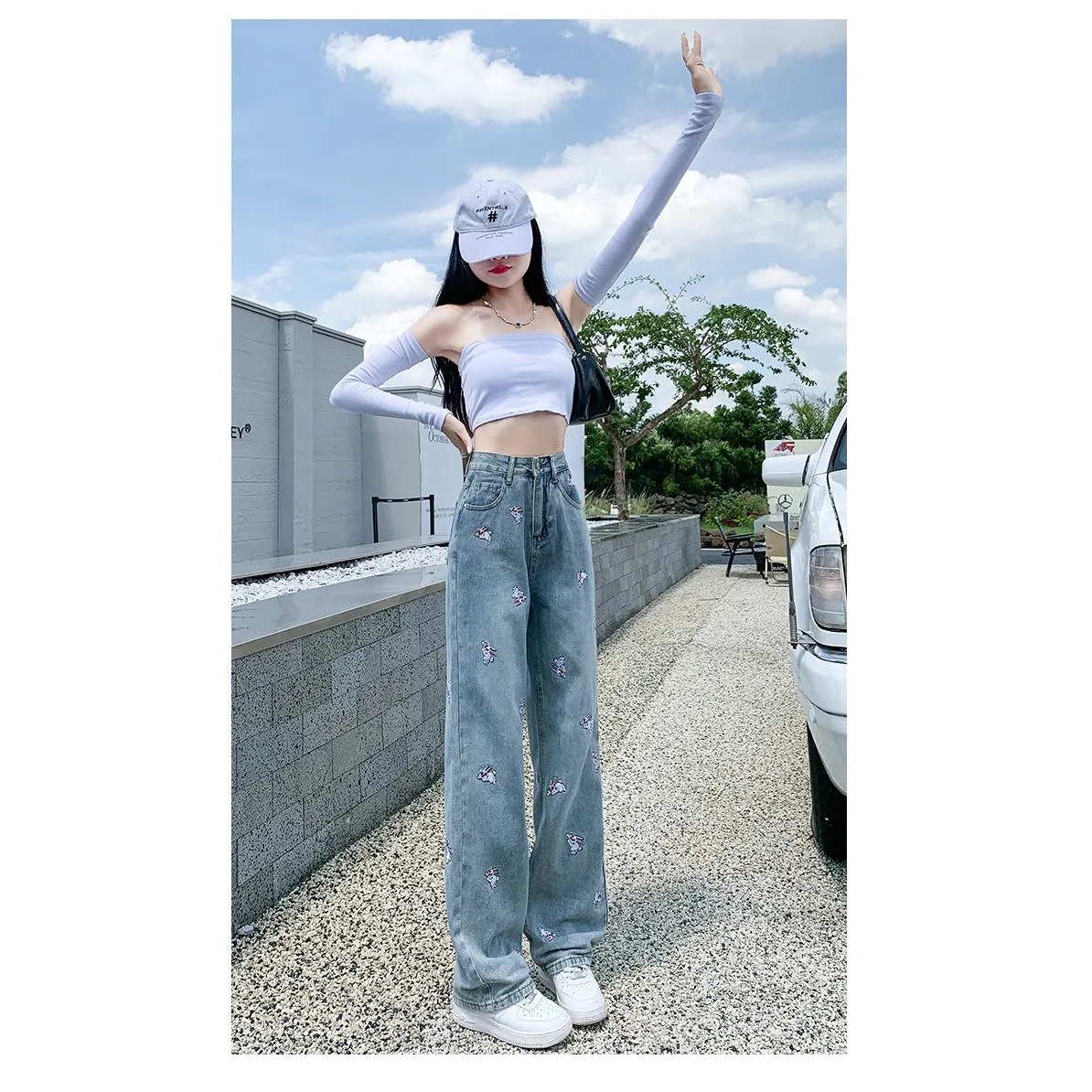 High-Waisted Floor-Length Loose Fit Embroidery Draping Slimming Straight Leg Jeans