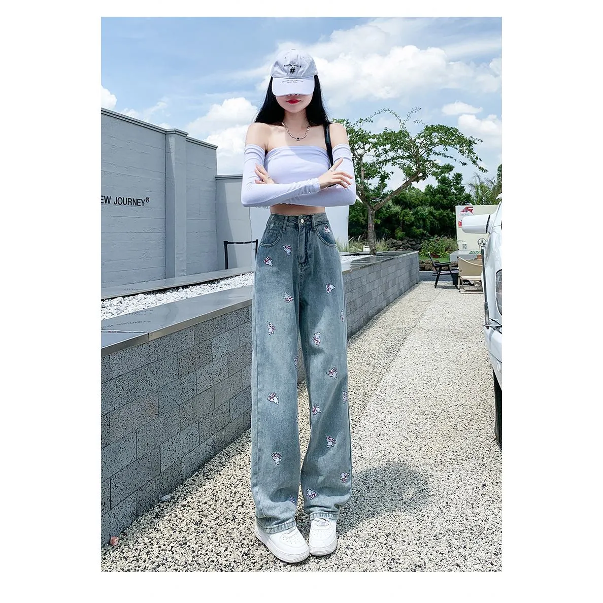 High-Waisted Floor-Length Loose Fit Embroidery Draping Slimming Straight Leg Jeans