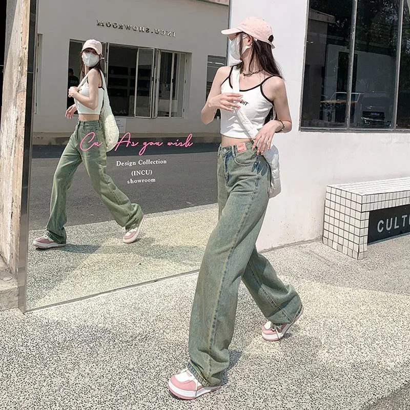 High-Waisted Floor-Length Loose Fit Worn-Out Look Retro Straight Wide-Leg Jeans