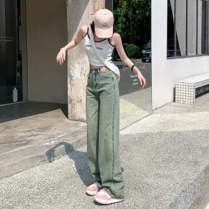 High-Waisted Floor-Length Loose Fit Worn-Out Look Retro Straight Wide-Leg Jeans