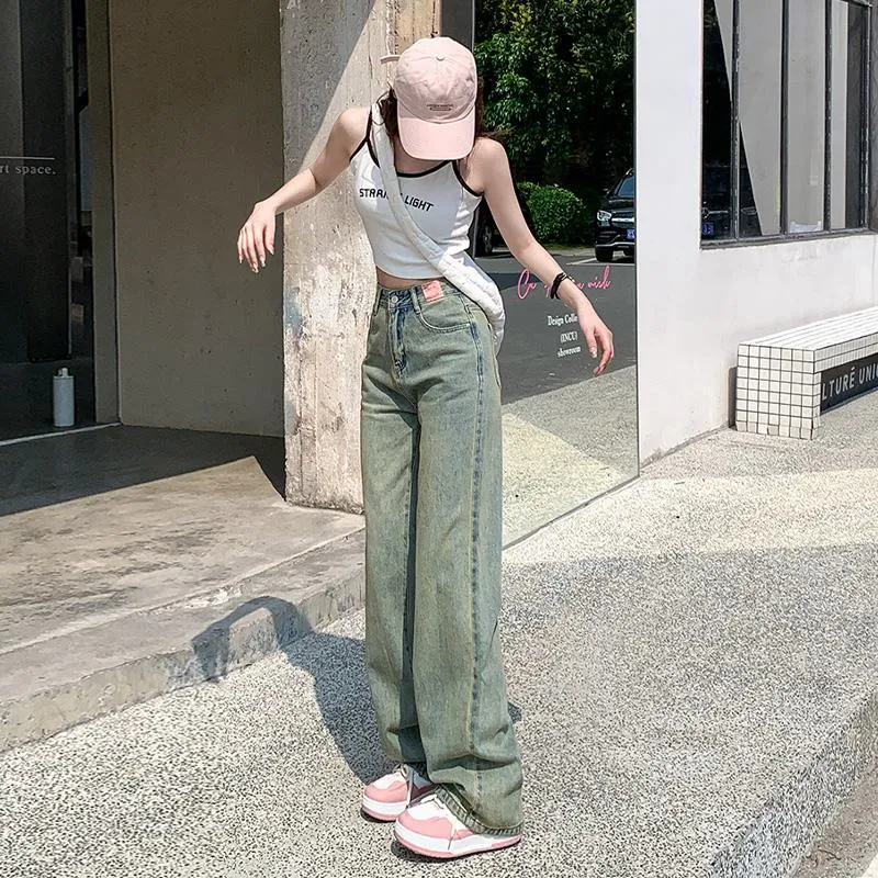 High-Waisted Floor-Length Loose Fit Worn-Out Look Retro Straight Wide-Leg Jeans