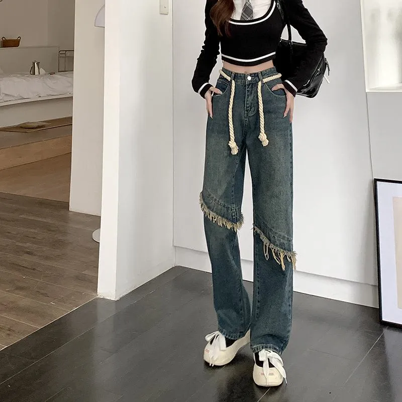 High-Waisted Floor-Length Worn-Out Look Retro Patchwork Jeans