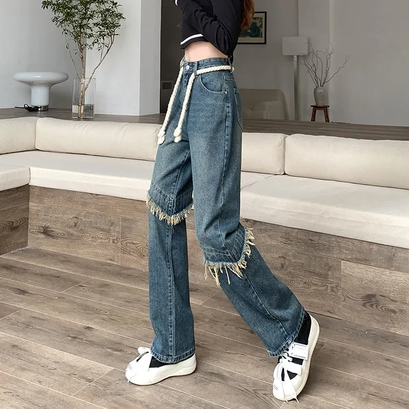 High-Waisted Floor-Length Worn-Out Look Retro Patchwork Jeans