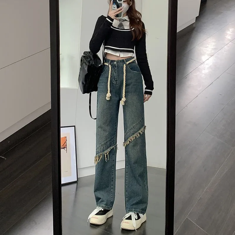 High-Waisted Floor-Length Worn-Out Look Retro Patchwork Jeans