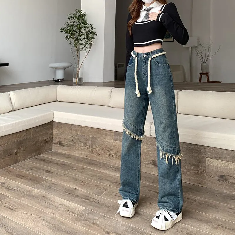 High-Waisted Floor-Length Worn-Out Look Retro Patchwork Jeans
