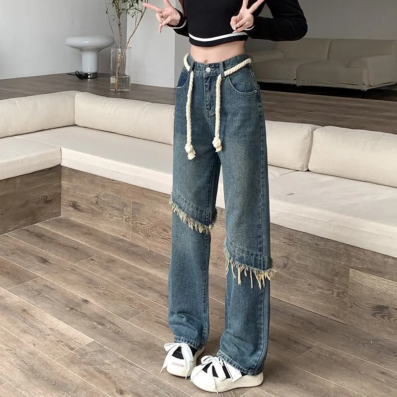 High-Waisted Floor-Length Worn-Out Look Retro Patchwork Jeans