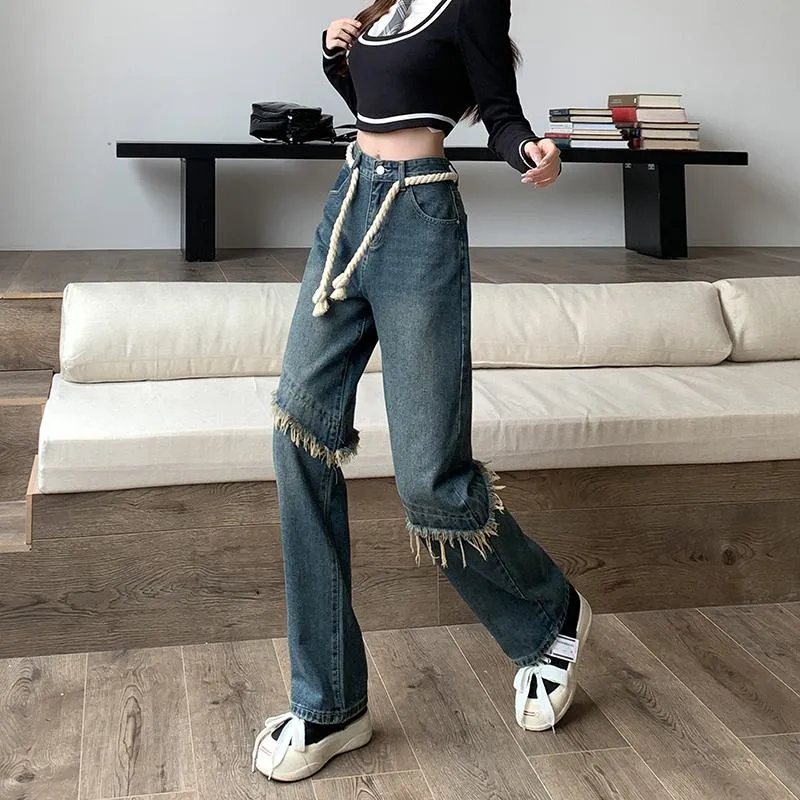 High-Waisted Floor-Length Worn-Out Look Retro Patchwork Jeans
