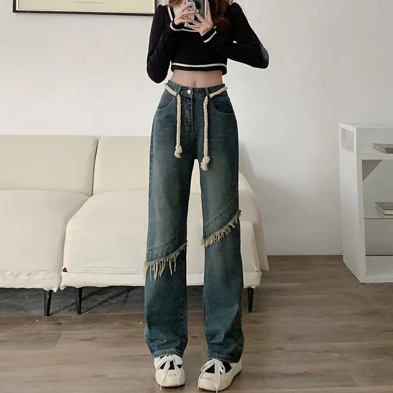 High-Waisted Floor-Length Worn-Out Look Retro Patchwork Jeans