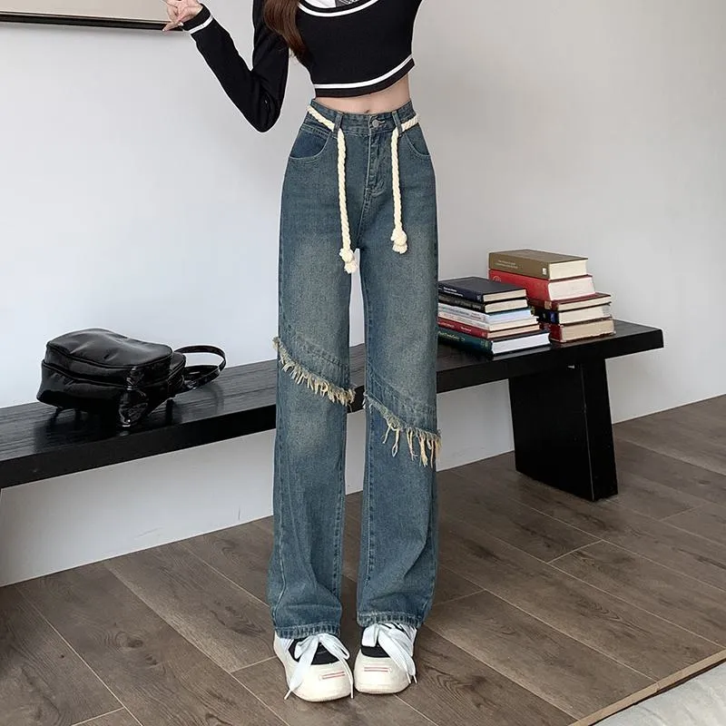 High-Waisted Floor-Length Worn-Out Look Retro Patchwork Jeans
