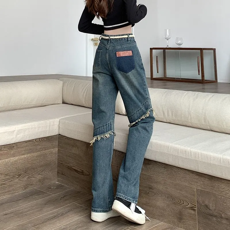 High-Waisted Floor-Length Worn-Out Look Retro Patchwork Jeans