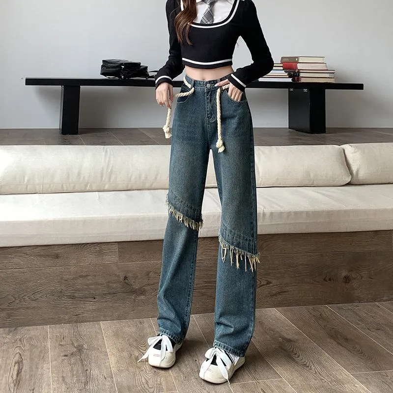 High-Waisted Floor-Length Worn-Out Look Retro Patchwork Jeans