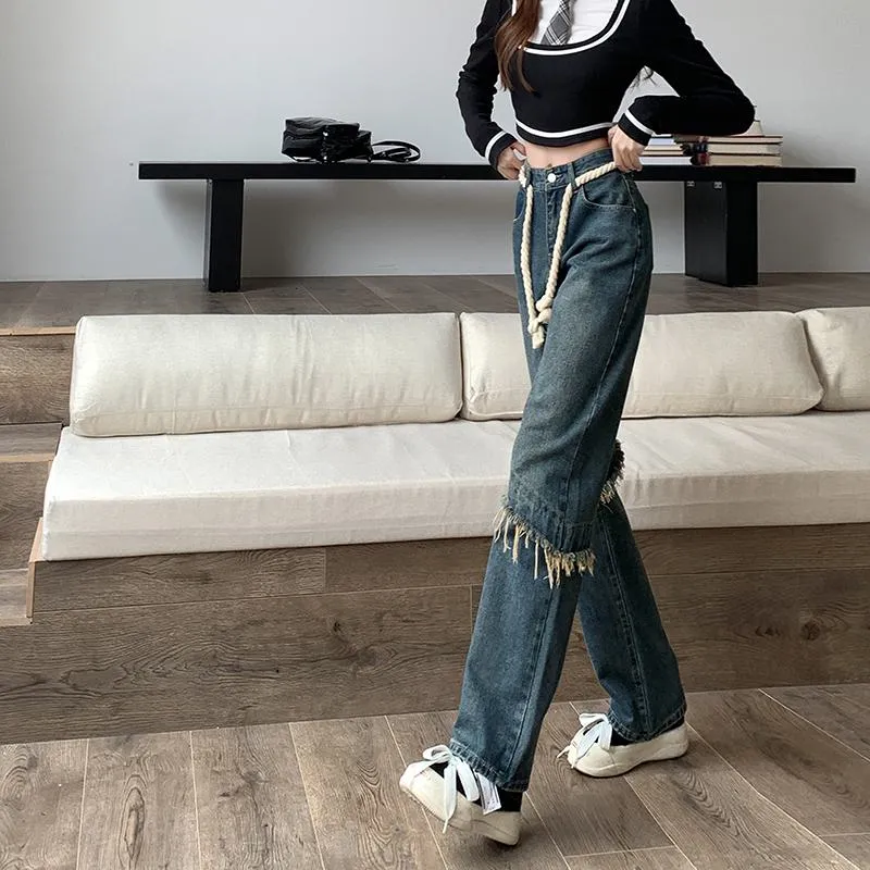 High-Waisted Floor-Length Worn-Out Look Retro Patchwork Jeans