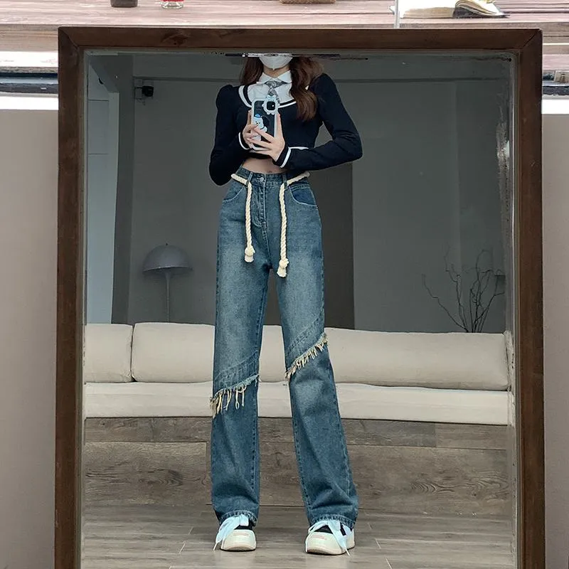 High-Waisted Floor-Length Worn-Out Look Retro Patchwork Jeans