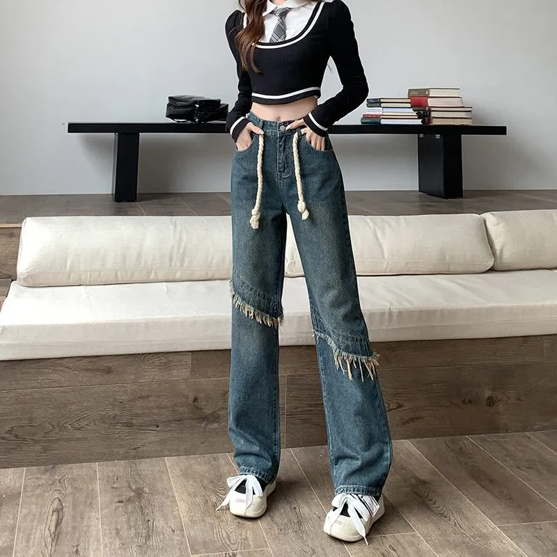 High-Waisted Floor-Length Worn-Out Look Retro Patchwork Jeans