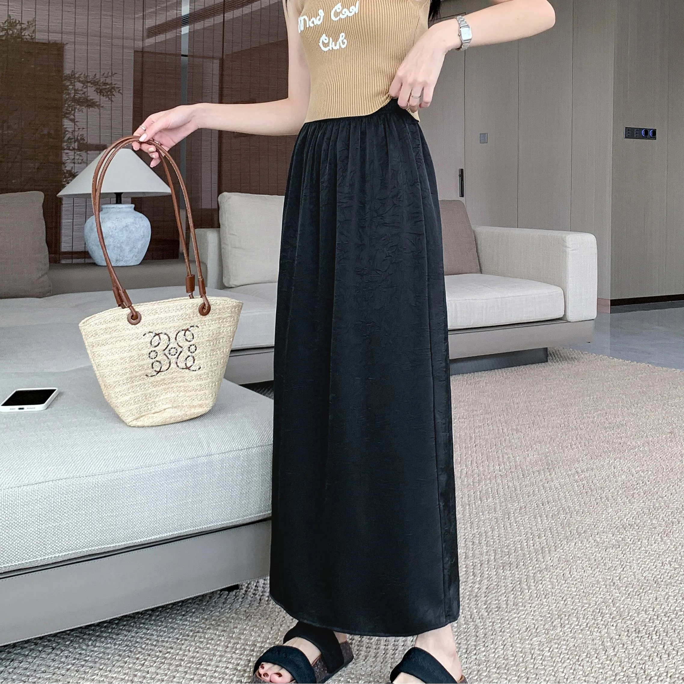 High-Waisted Split Hem Draping Sensation Jacquard H-Shaped Satin Skirt