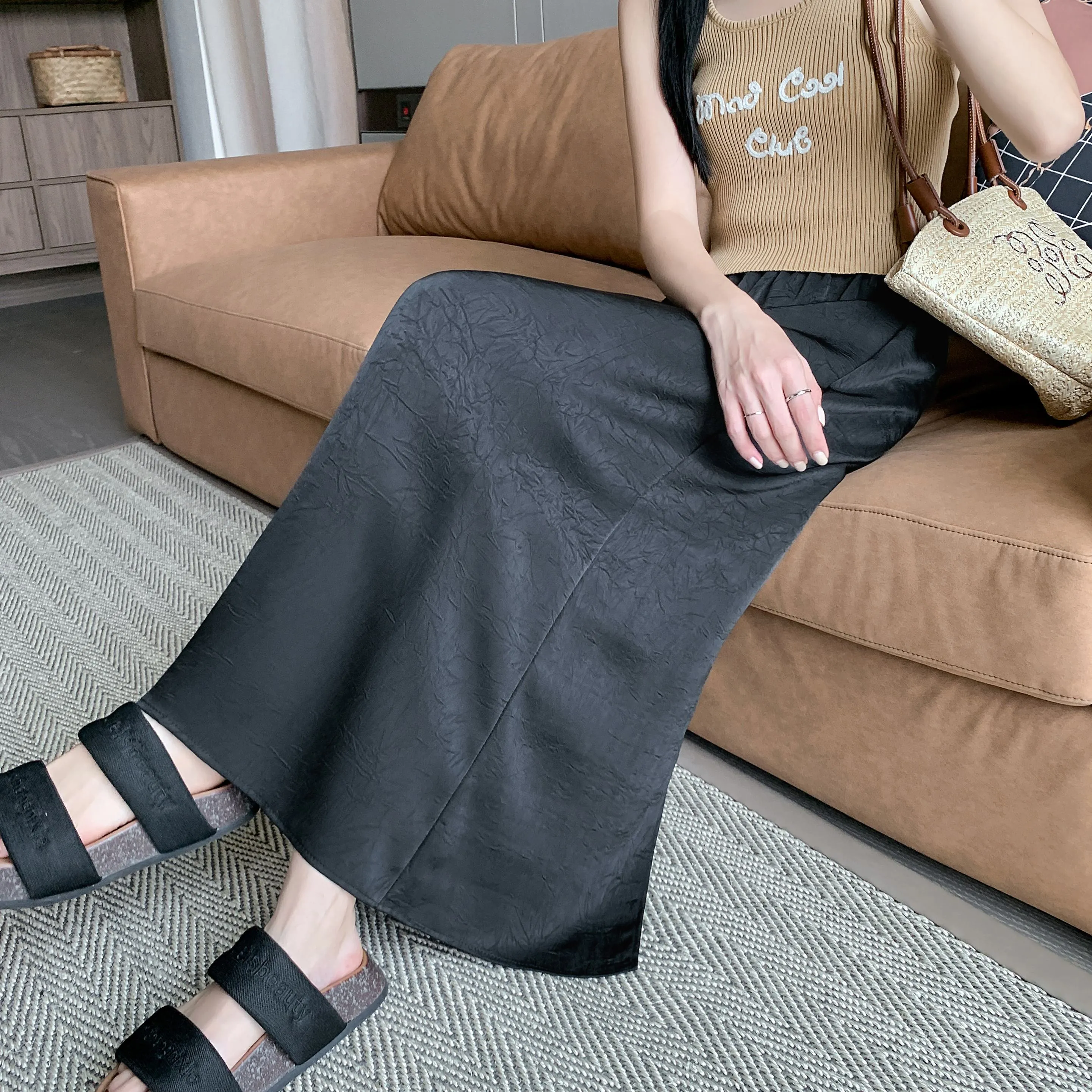 High-Waisted Split Hem Draping Sensation Jacquard H-Shaped Satin Skirt