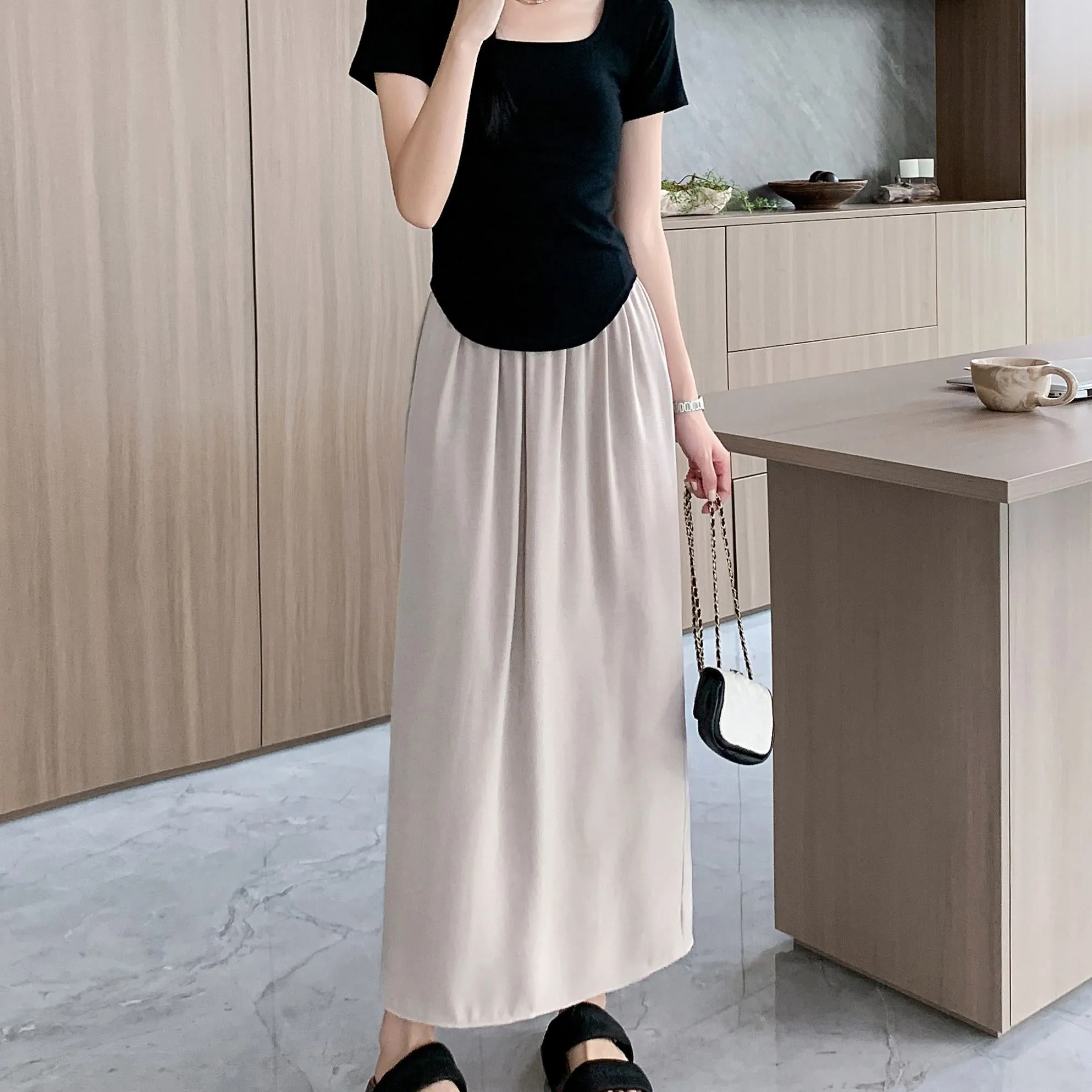 High-Waisted Split Hem Draping Sensation Jacquard H-Shaped Satin Skirt