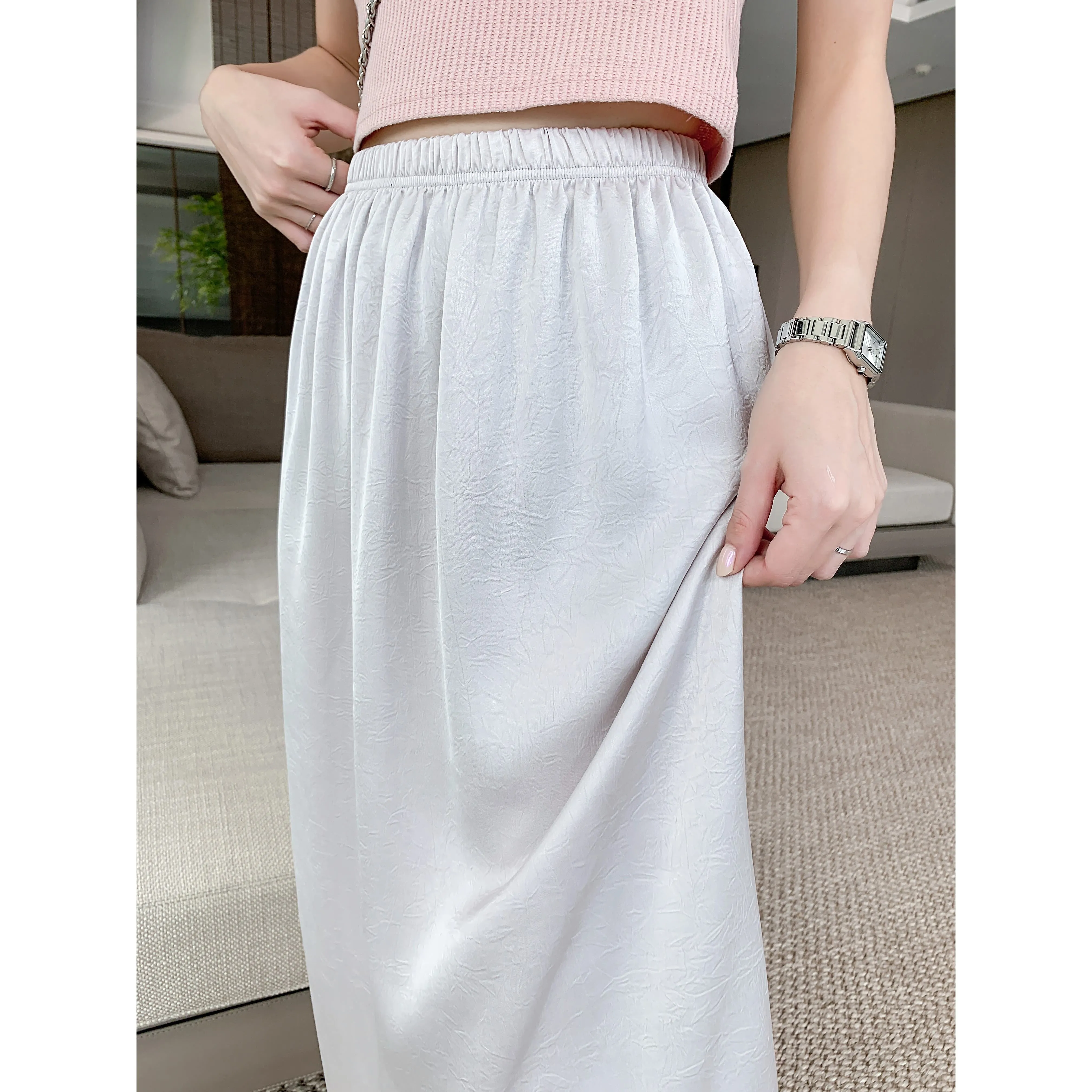 High-Waisted Split Hem Draping Sensation Jacquard H-Shaped Satin Skirt