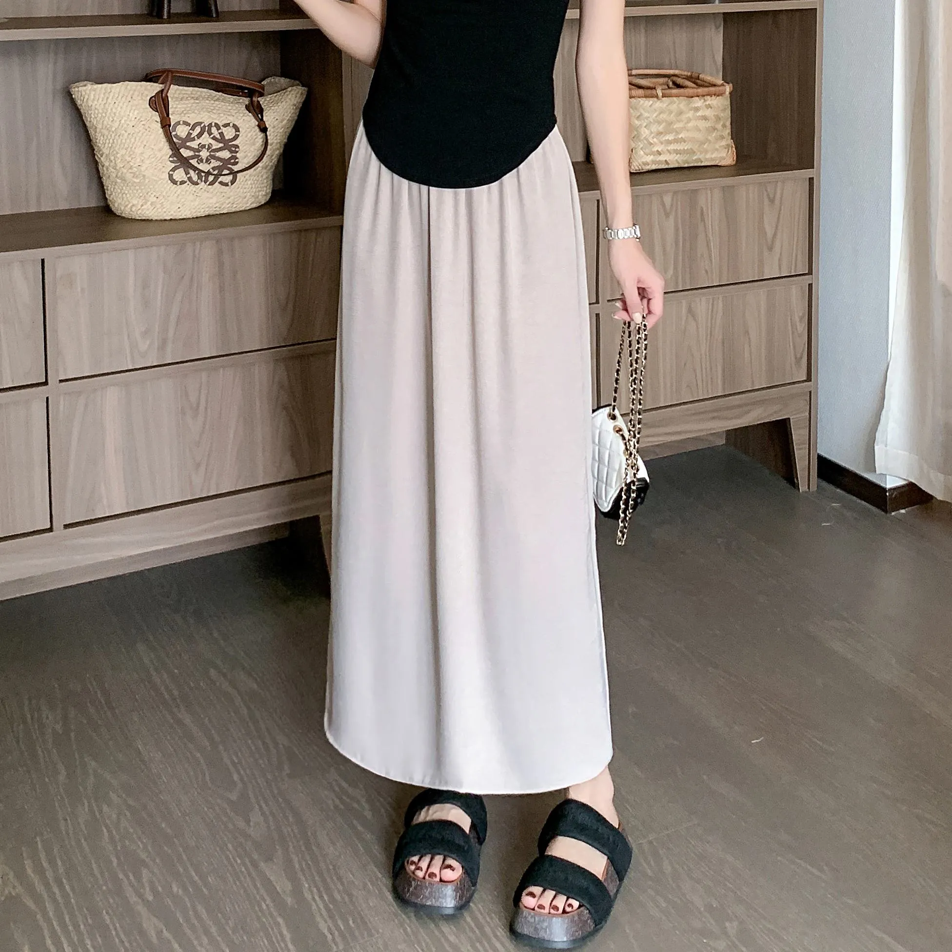 High-Waisted Split Hem Draping Sensation Jacquard H-Shaped Satin Skirt