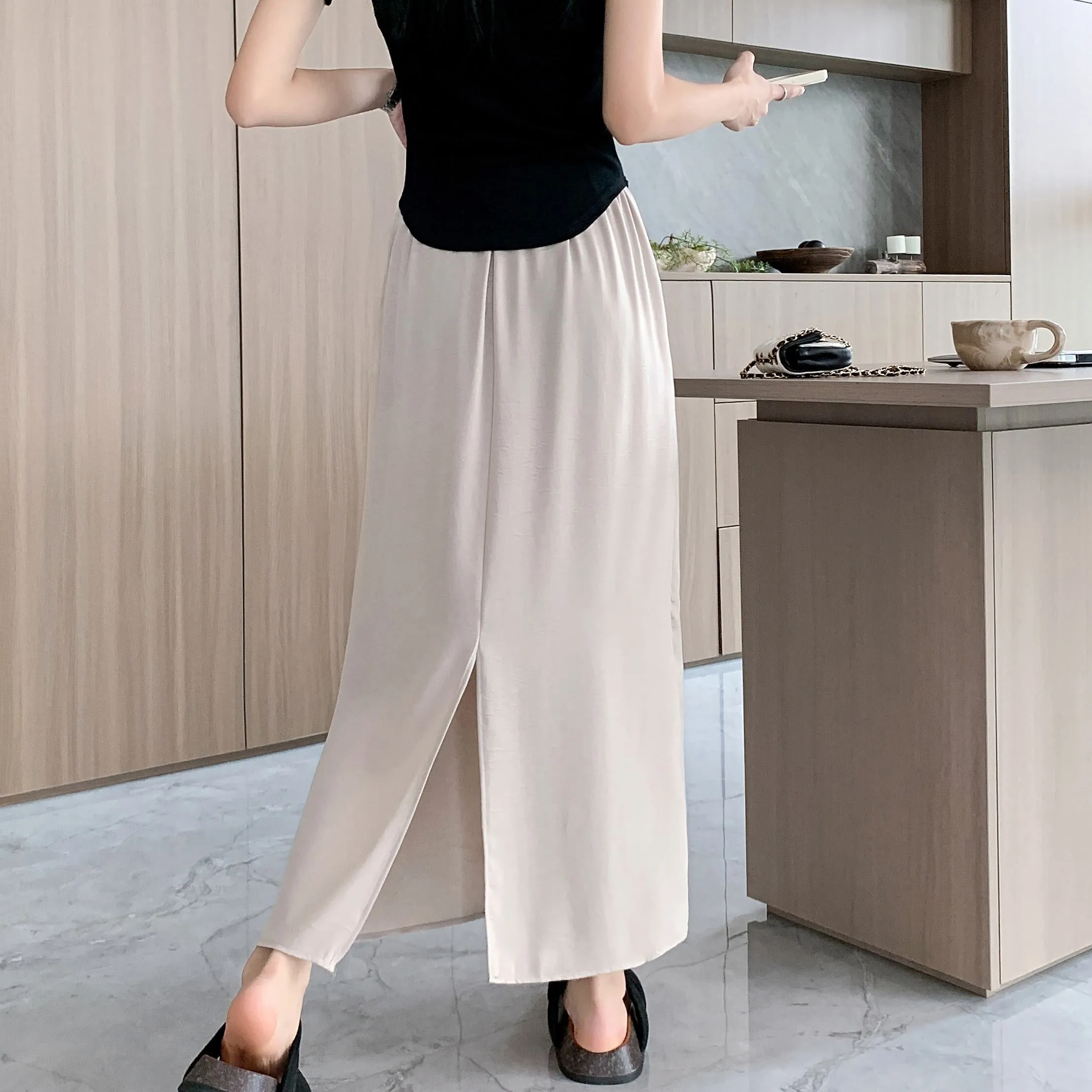 High-Waisted Split Hem Draping Sensation Jacquard H-Shaped Satin Skirt