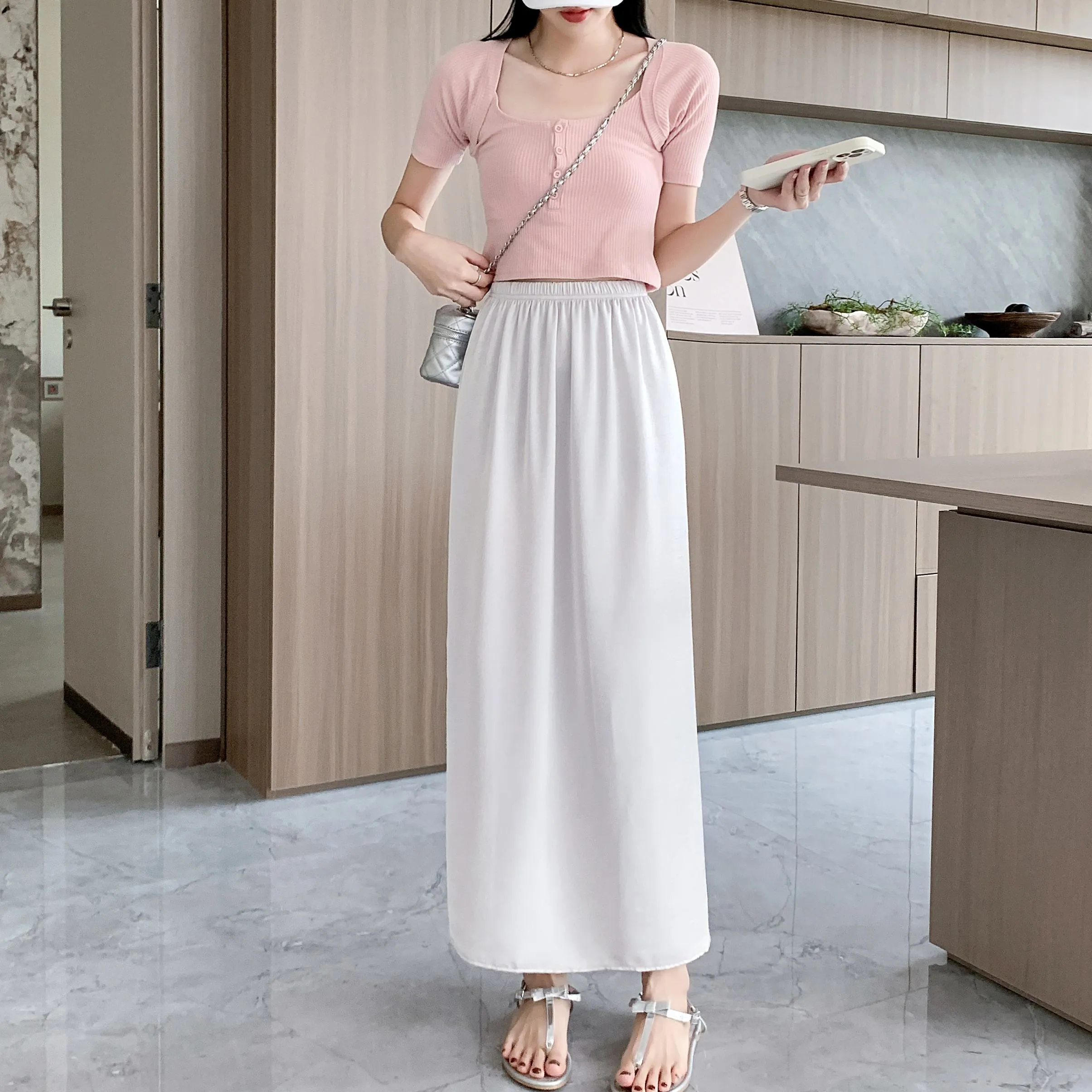 High-Waisted Split Hem Draping Sensation Jacquard H-Shaped Satin Skirt