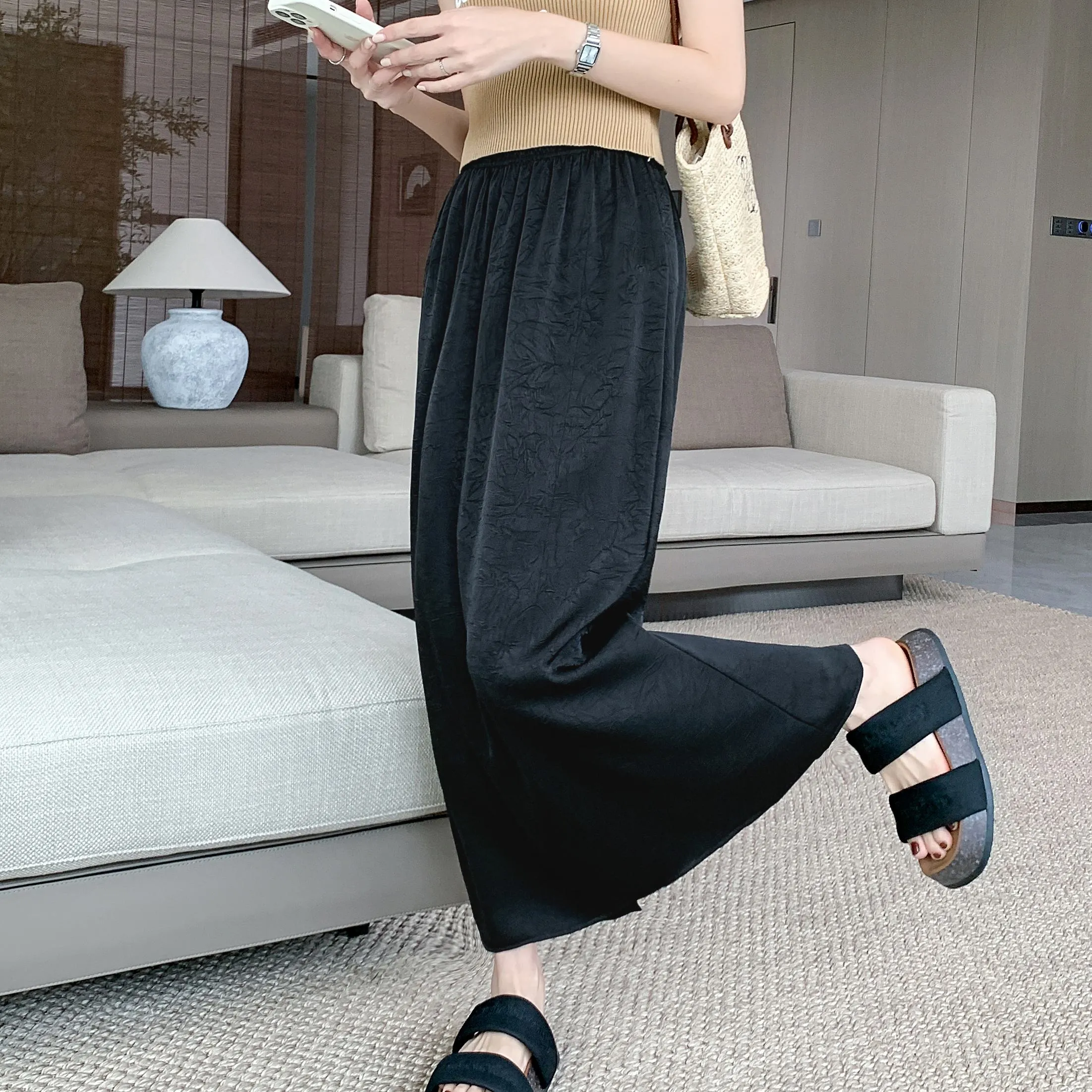 High-Waisted Split Hem Draping Sensation Jacquard H-Shaped Satin Skirt