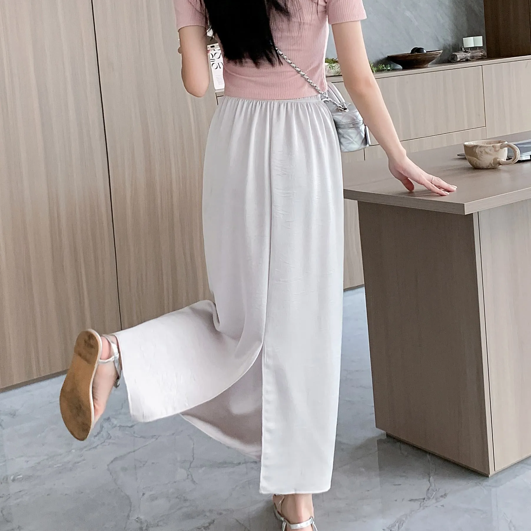 High-Waisted Split Hem Draping Sensation Jacquard H-Shaped Satin Skirt