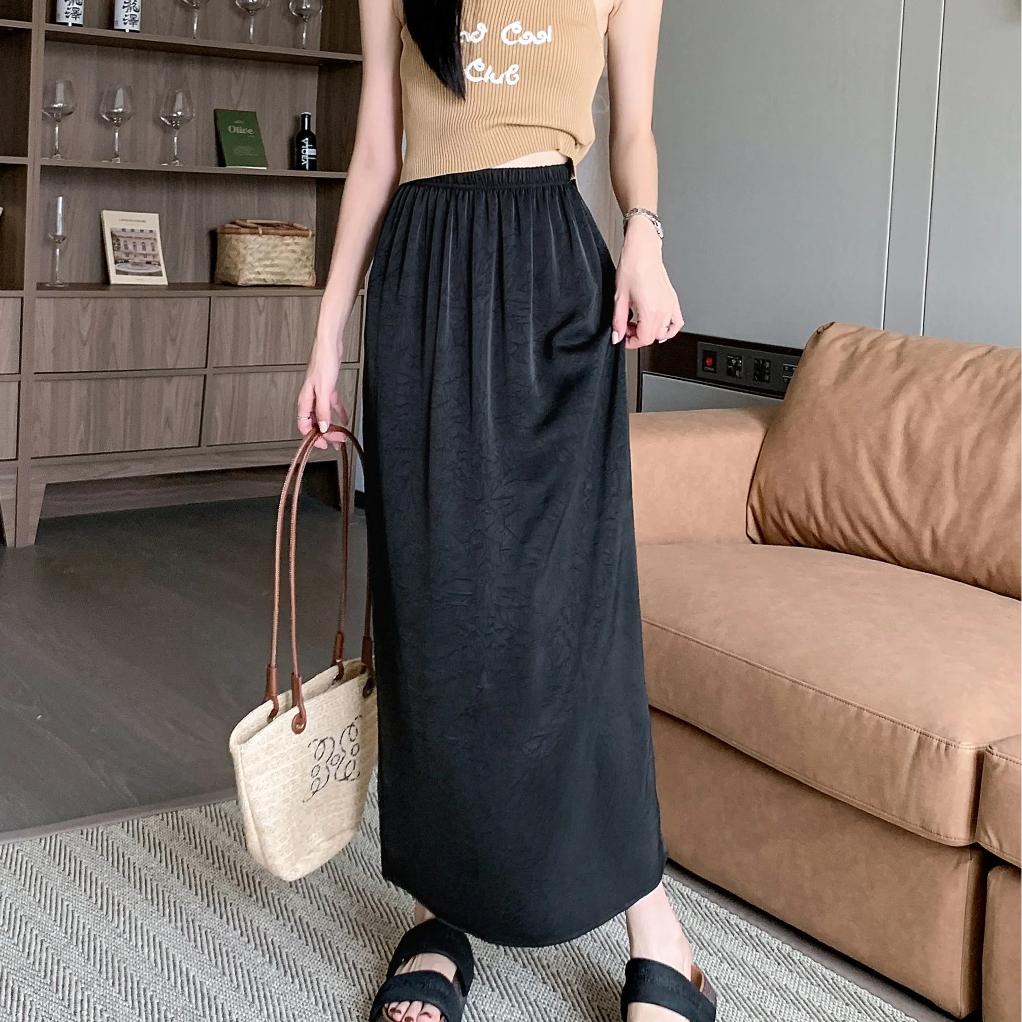 High-Waisted Split Hem Draping Sensation Jacquard H-Shaped Satin Skirt
