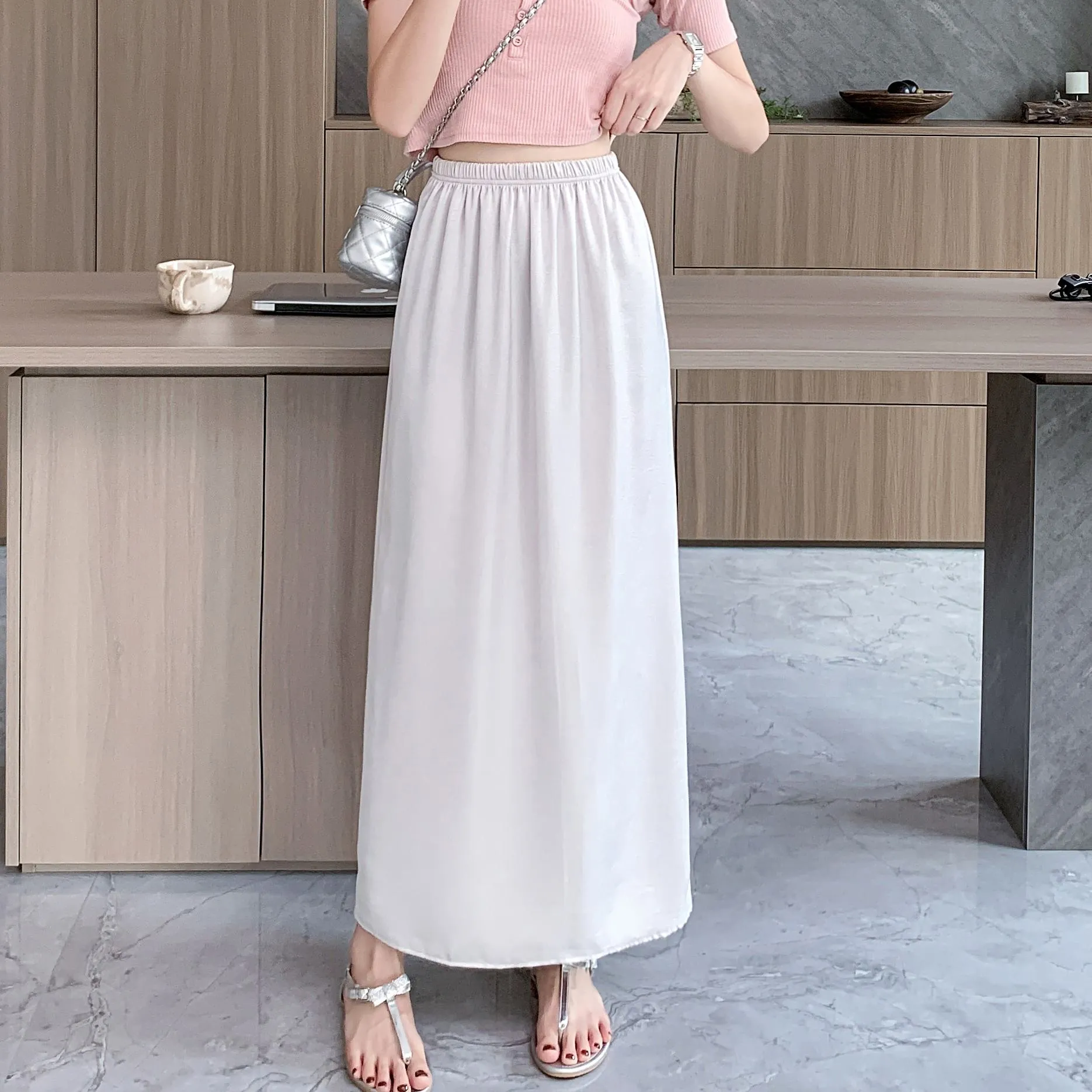 High-Waisted Split Hem Draping Sensation Jacquard H-Shaped Satin Skirt