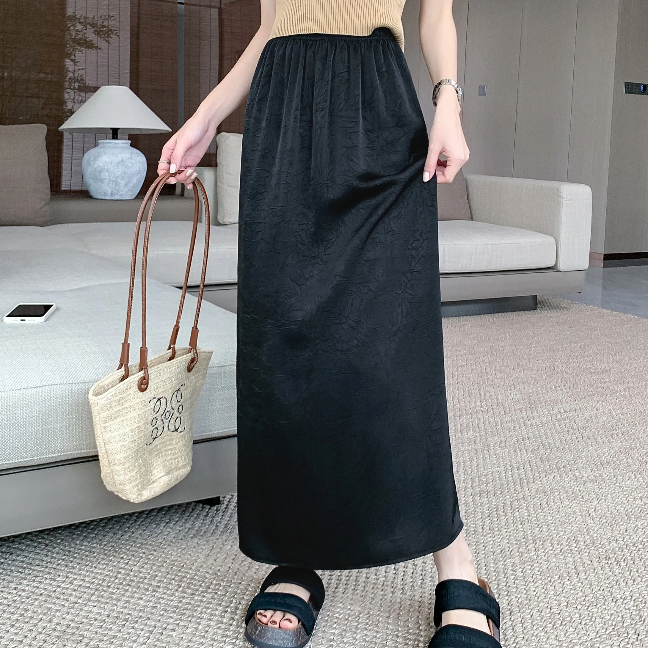 High-Waisted Split Hem Draping Sensation Jacquard H-Shaped Satin Skirt
