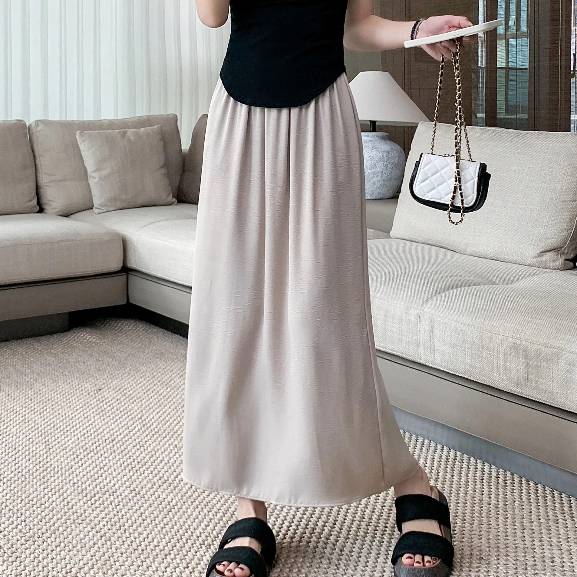 High-Waisted Split Hem Draping Sensation Jacquard H-Shaped Satin Skirt