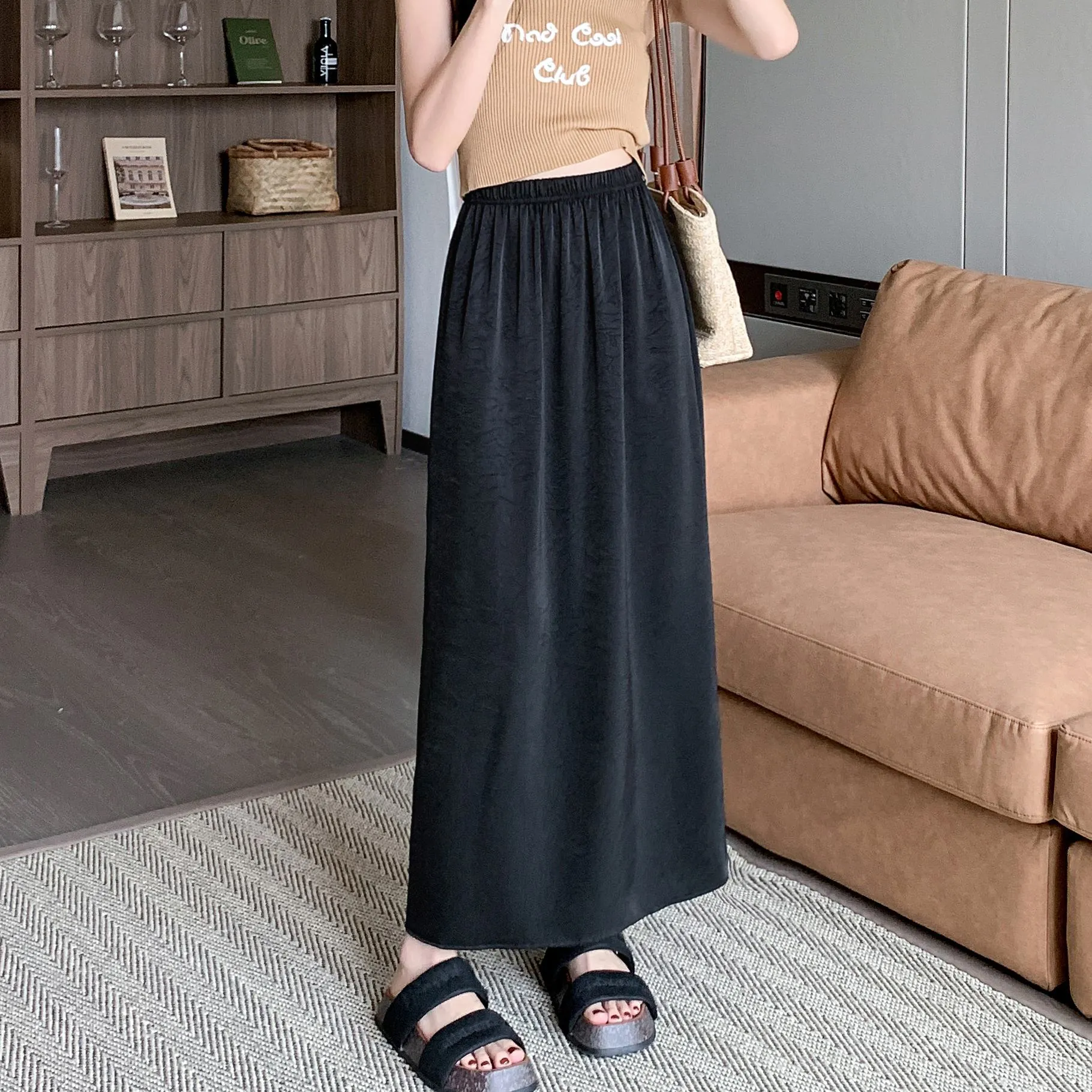 High-Waisted Split Hem Draping Sensation Jacquard H-Shaped Satin Skirt
