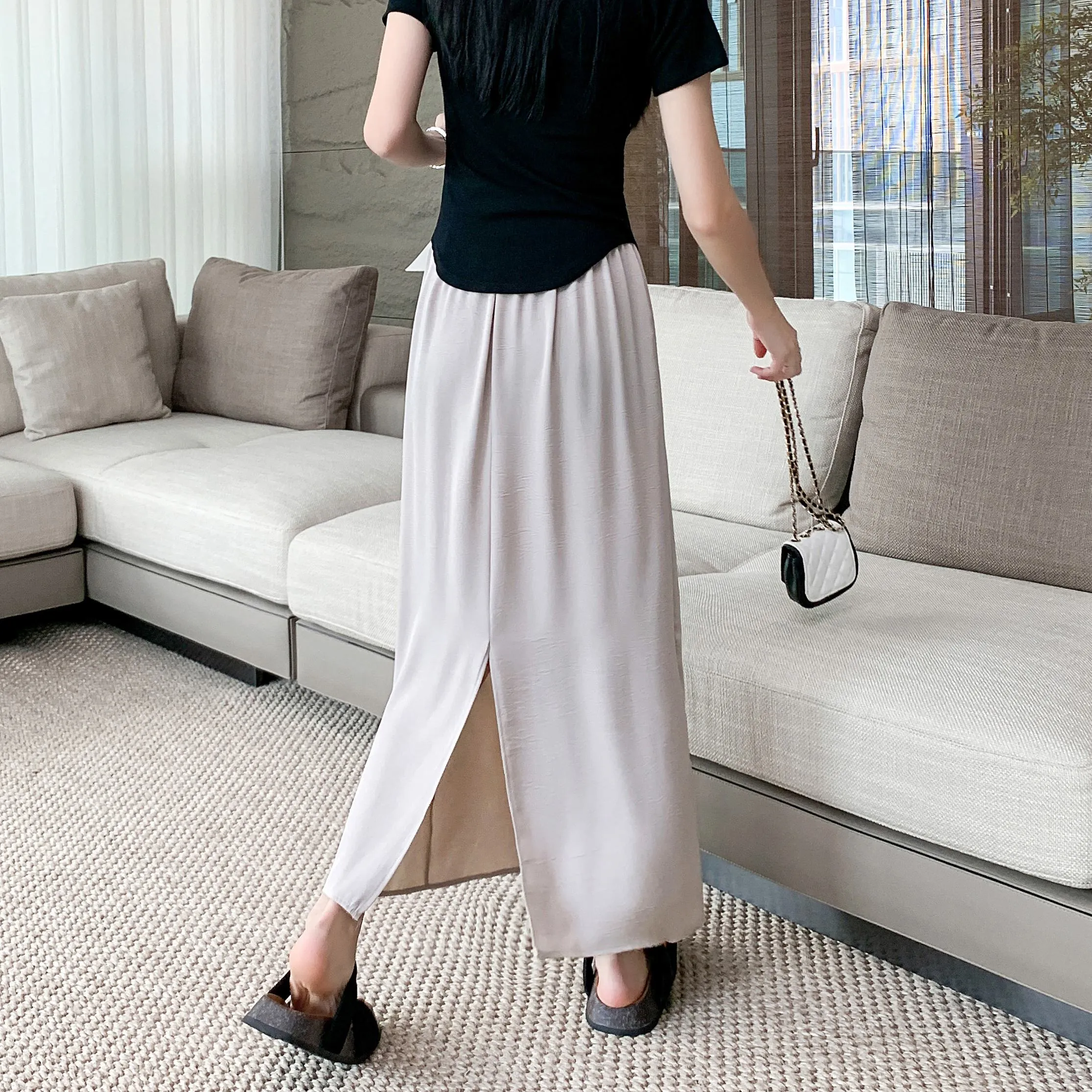 High-Waisted Split Hem Draping Sensation Jacquard H-Shaped Satin Skirt