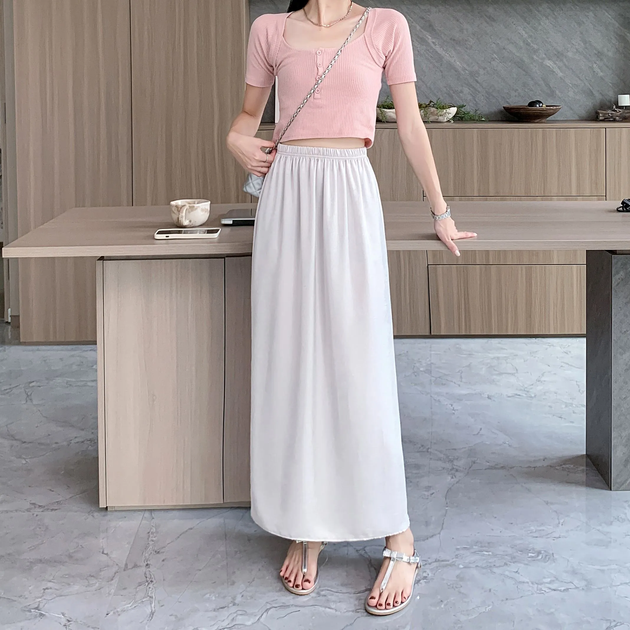 High-Waisted Split Hem Draping Sensation Jacquard H-Shaped Satin Skirt