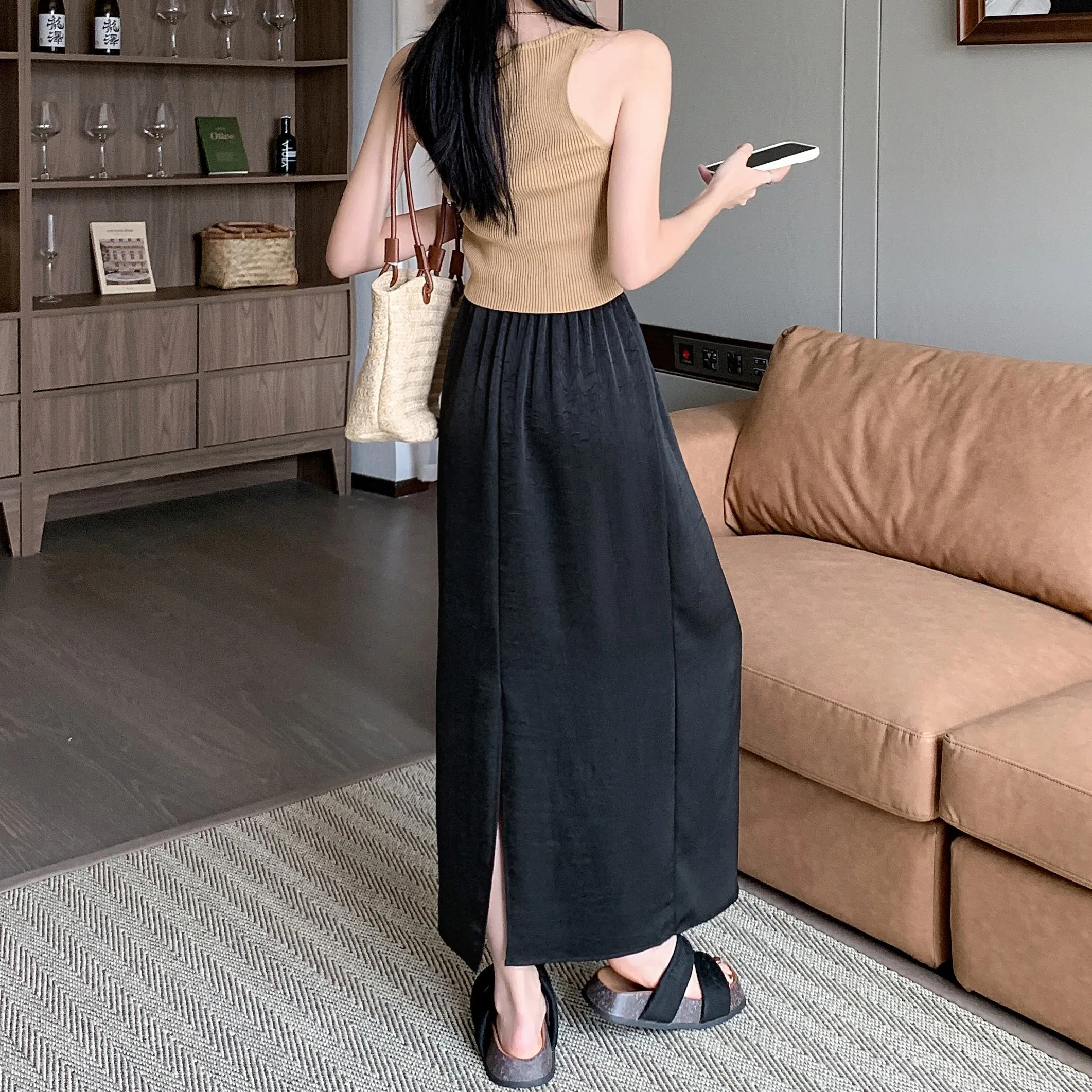 High-Waisted Split Hem Draping Sensation Jacquard H-Shaped Satin Skirt