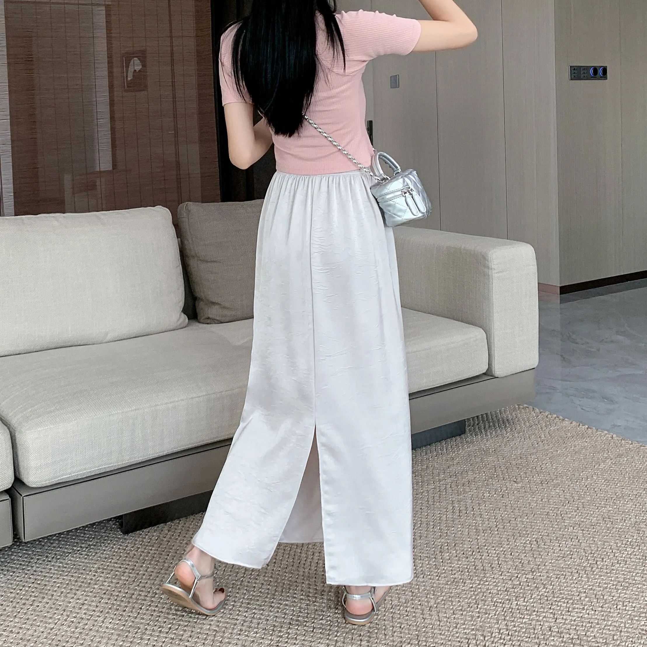 High-Waisted Split Hem Draping Sensation Jacquard H-Shaped Satin Skirt