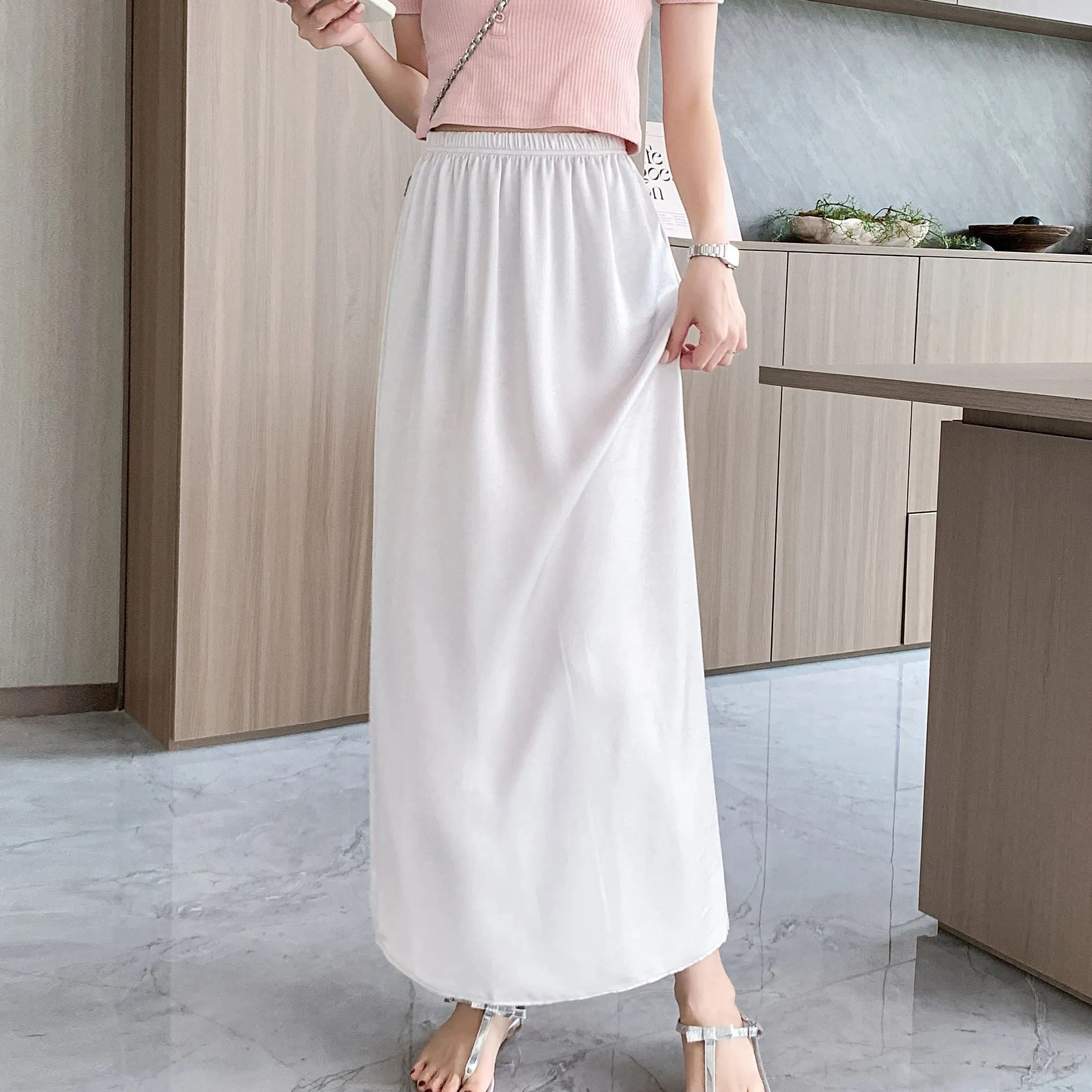 High-Waisted Split Hem Draping Sensation Jacquard H-Shaped Satin Skirt