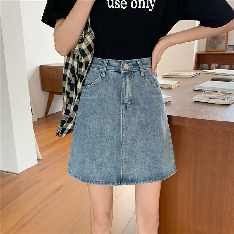 High-Waisted Versatile Embroidery A-Line Denim Skirt