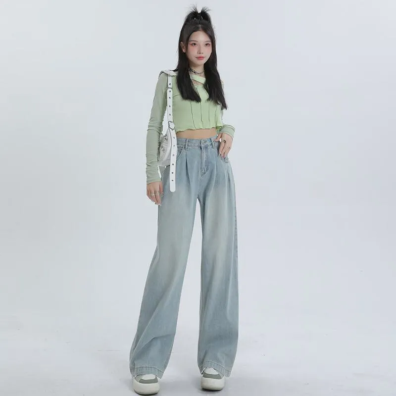 High-Waisted Worn-Out Look Pleated Loose Fit Wide Leg Jeans