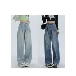 High-Waisted Worn-Out Look Pleated Loose Fit Wide Leg Jeans